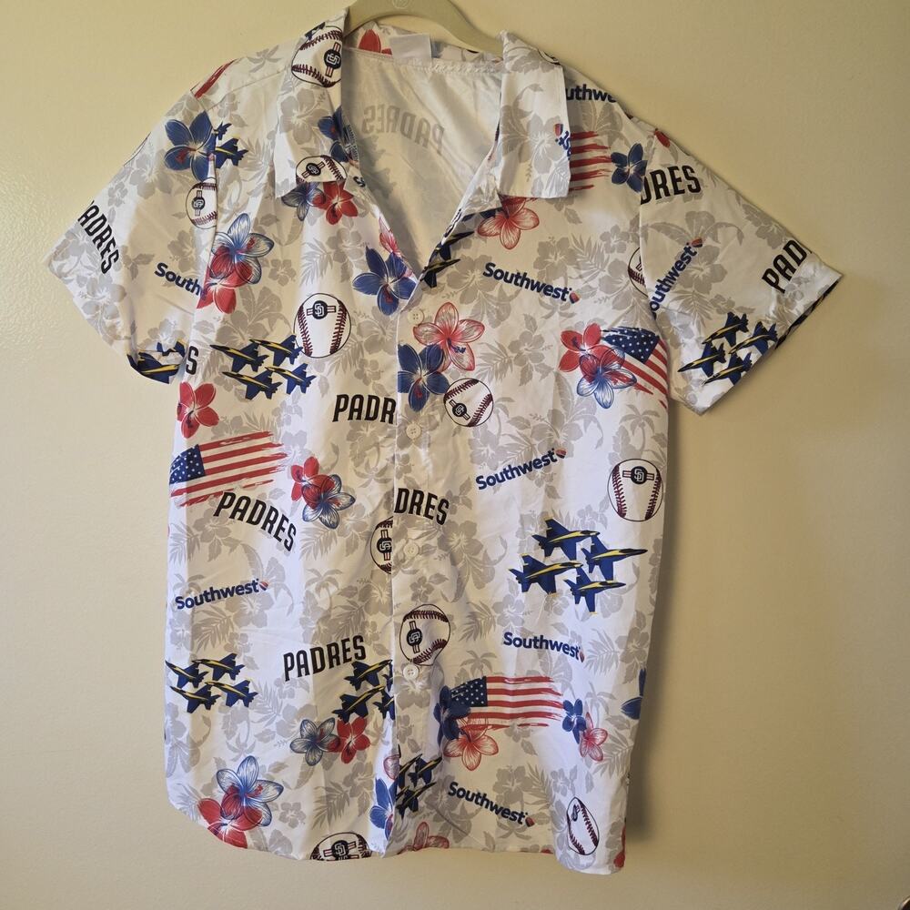 Padres Patriotic Hawaiian Button Up Short Sleeve Shirt Size L Blue Angels
